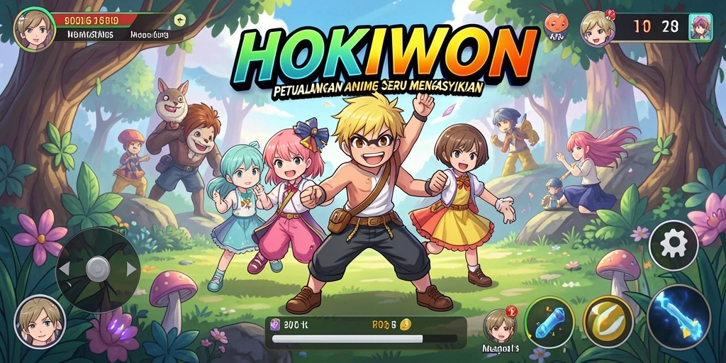 Tampilan gameplay HOKIWON yang penuh aksi dan karakter anime.