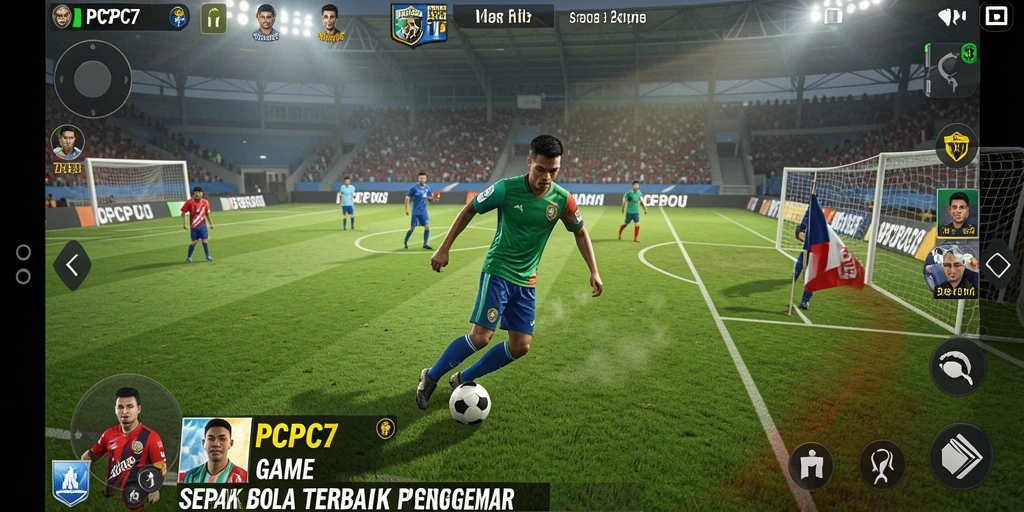 Screenshot utama dari PCPC7 menampilkan pertarungan seru di lapangan sepak bola.